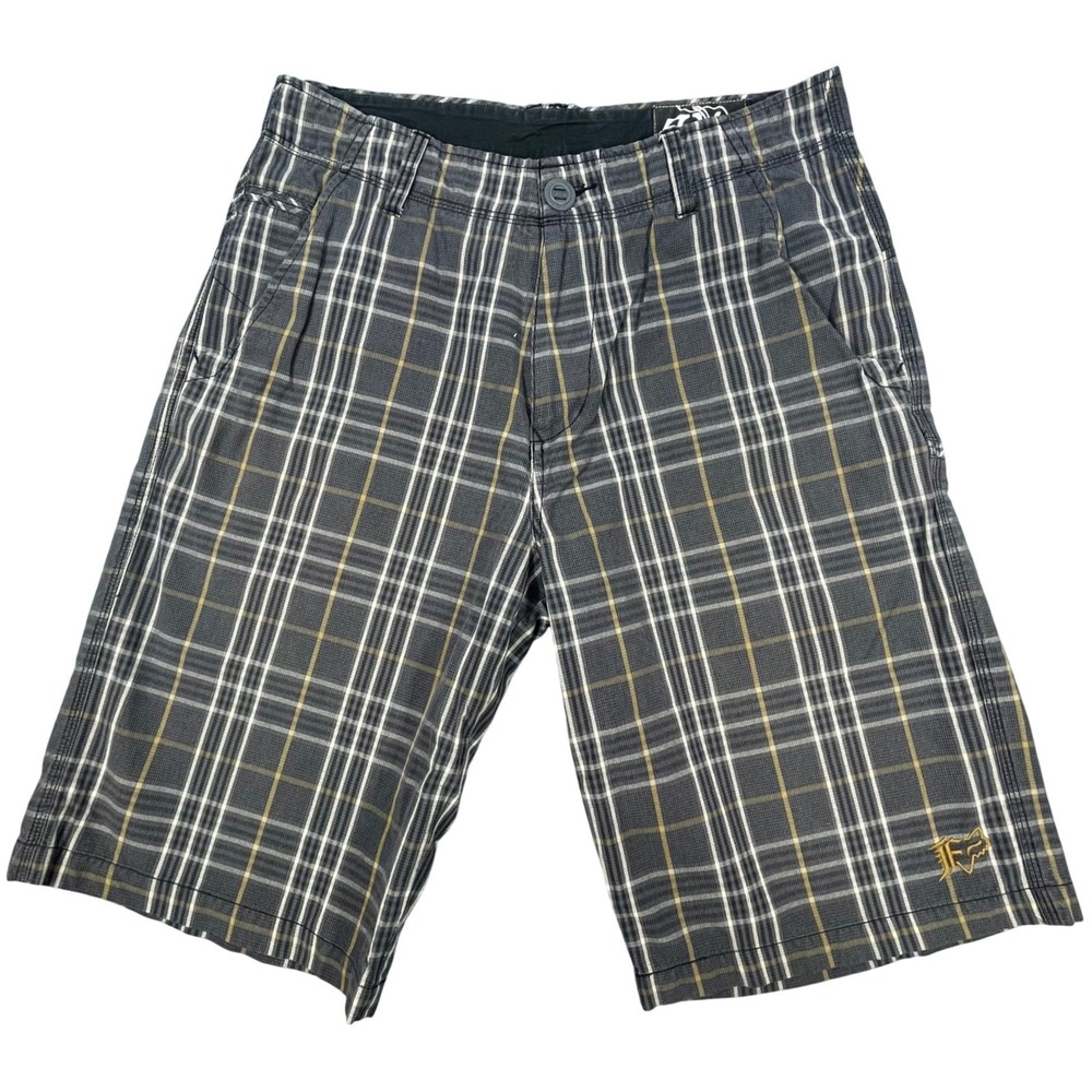 Fox Racing Grey Plaid Casual Bermuda Shorts Embroidered Logo Mens Size 33